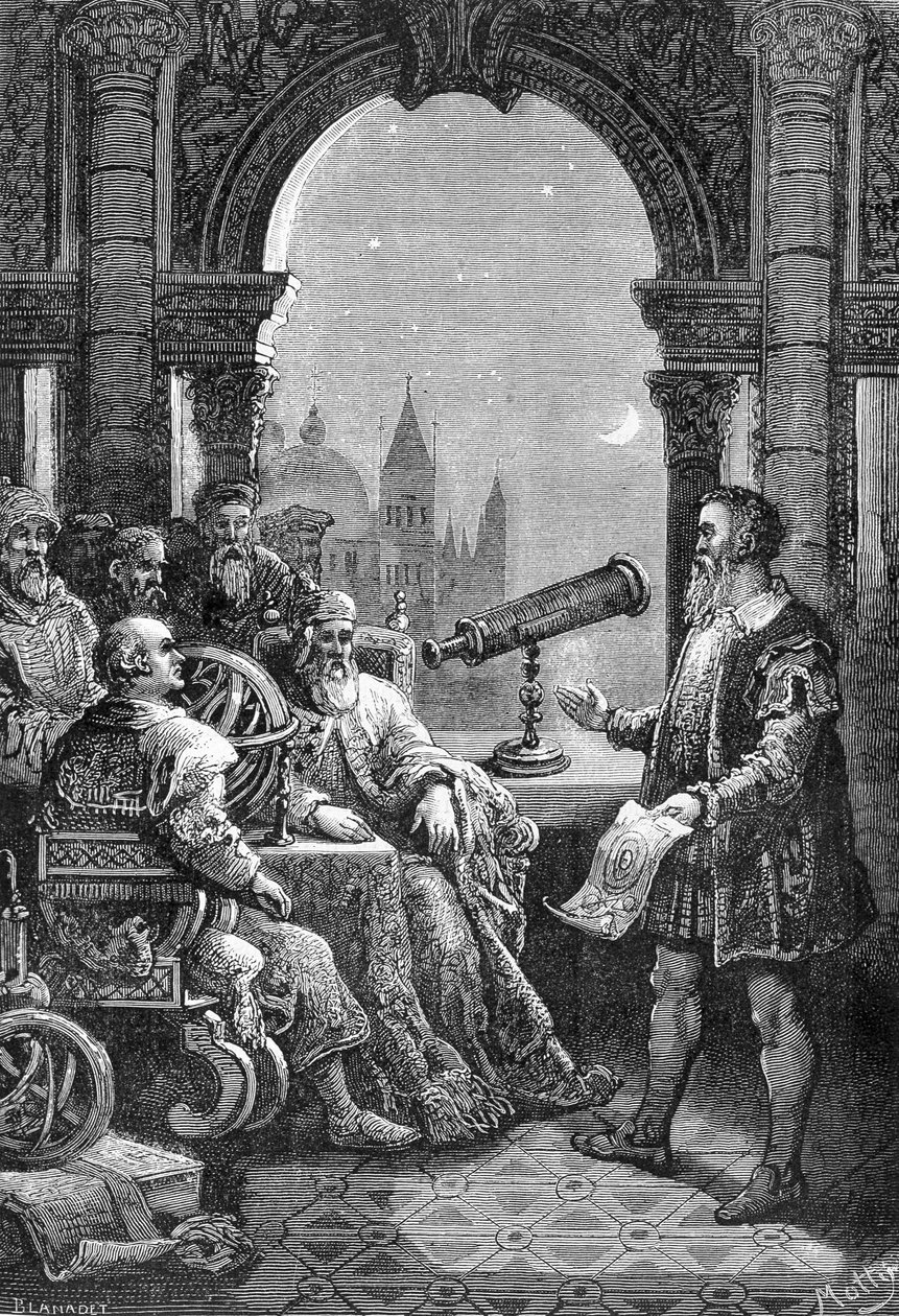 Galileo Galilei (Galileo) przedstawiający pierwszą astronomiczną lunetę u Doży Wenecji. autorstwa Unknown artist