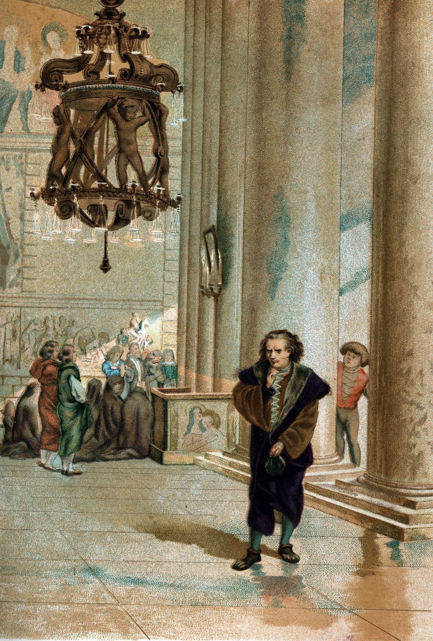 Galileo Galilei dit Galileo (1564 - 1642).obserwując drgania lampy katedry w Pizie. z „Science and its Men Louisa Figuiera”” Barcelona 1881 autorstwa Unknown artist