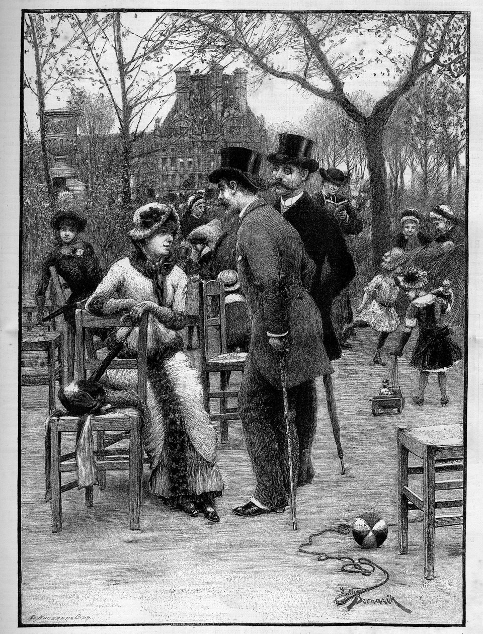 Wspaniała rozmowa między dwoma mężczyznami i młodą kobietą, wszyscy bardzo eleganccy, latem w Ogrodzie Tuileries w Paryżu. Grawerowanie w „”Le Monde Illustré”” autorstwa Unknown artist