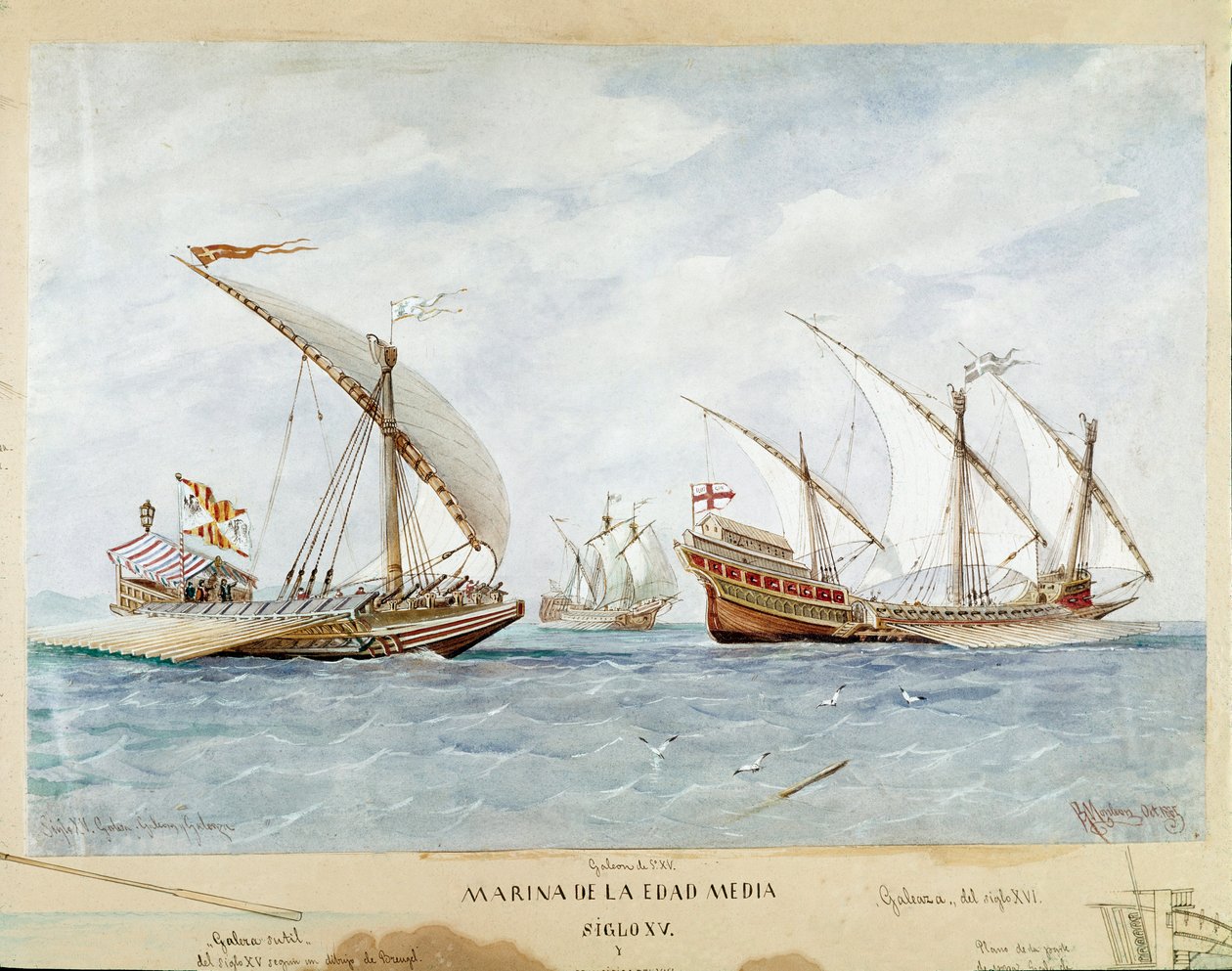 Galera i galeon z XV wieku (Akwarela autorstwa Unknown artist