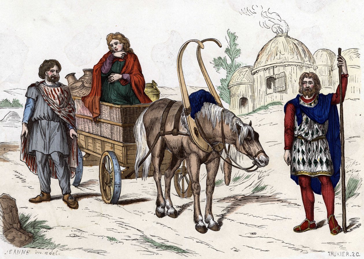 Mieszkania galijskie, kobieta, chłop, rydwan, bogaty rolnik, uprząż - w „cywilnych i wojskowych strojach Francuzów przez wieki w Paryżu F. Roy 1882””. autorstwa Unknown artist