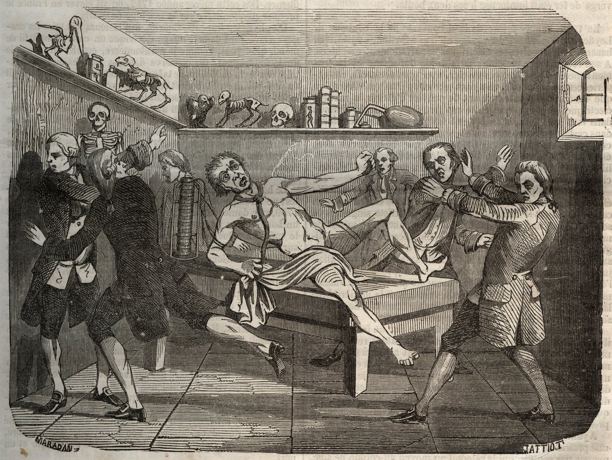 Galwanizacja zwłok kata za pomocą stosu Alessandro (Alexandre) Volty: pod wpływem elektryczności zwłoki wydają się wracać do życia. Grawer z 1856 r. w „Le Musee Des Sciences”” autorstwa Unknown artist
