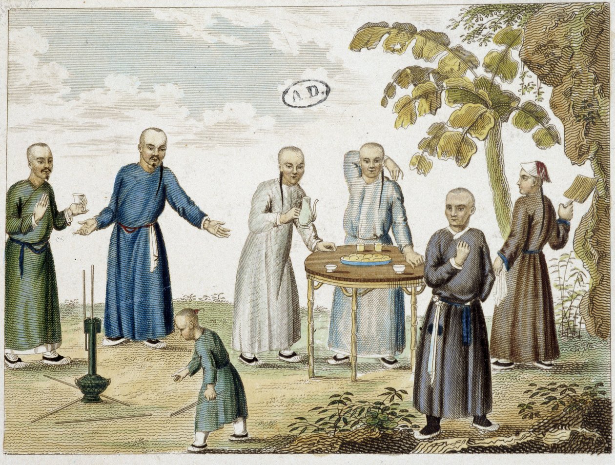 Gry i mężczyźni pijący herbatę w Chinach - s.d, grav. autorstwa Unknown artist