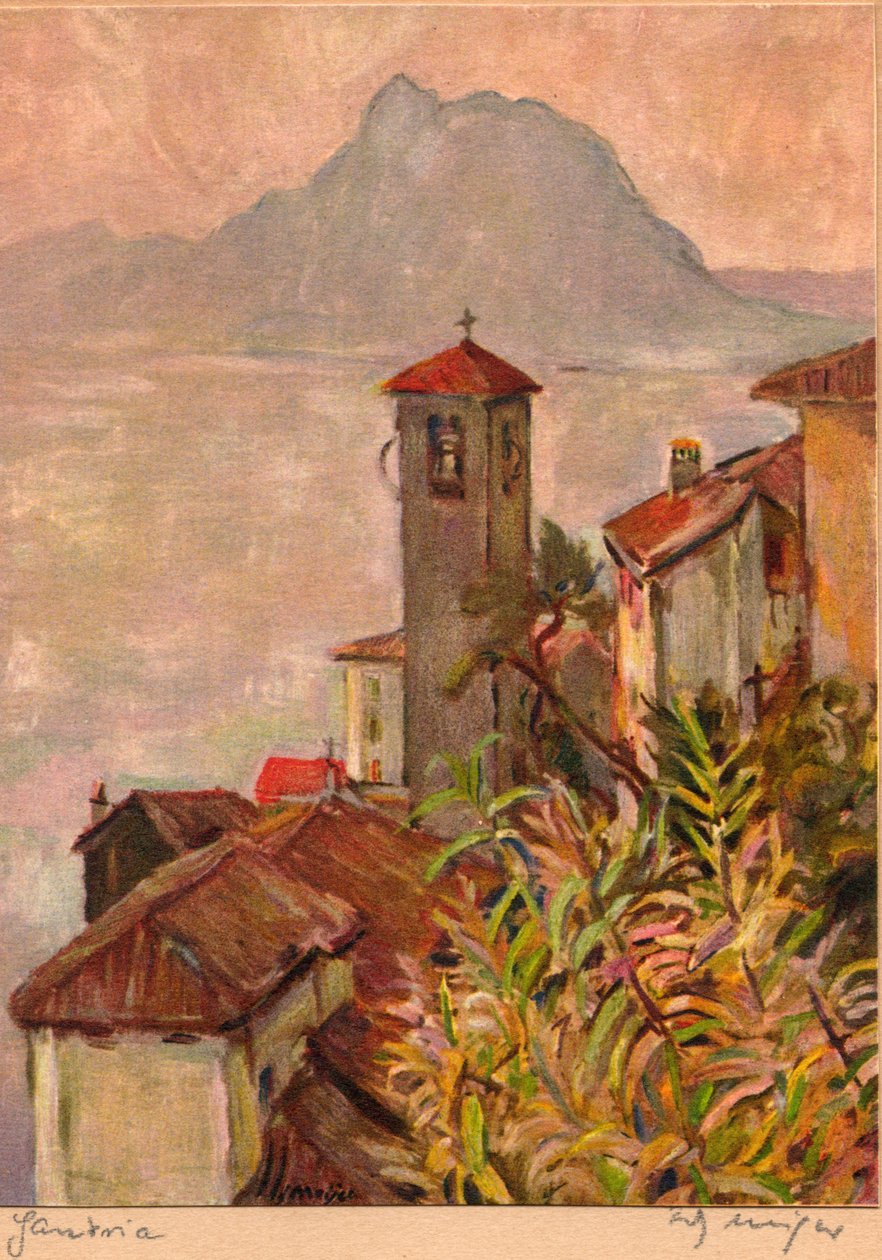 Gandria, Szwajcaria, z Mont San Salvatore i Lac Lugano, pocztówka autorstwa Fritza Meijera, ok. 1940 r. (kolorowa litografia) autorstwa Unknown artist