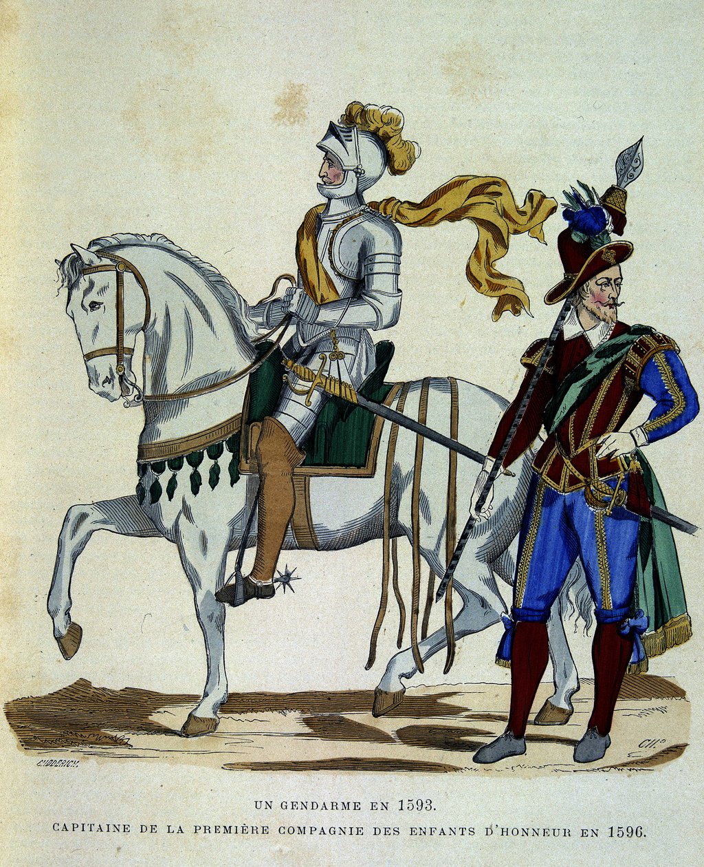 Żandarm w 1593 i kapitan 1. kompanii synów honoru w 1596 – w „La France et les francais” Challamela autorstwa Unknown artist