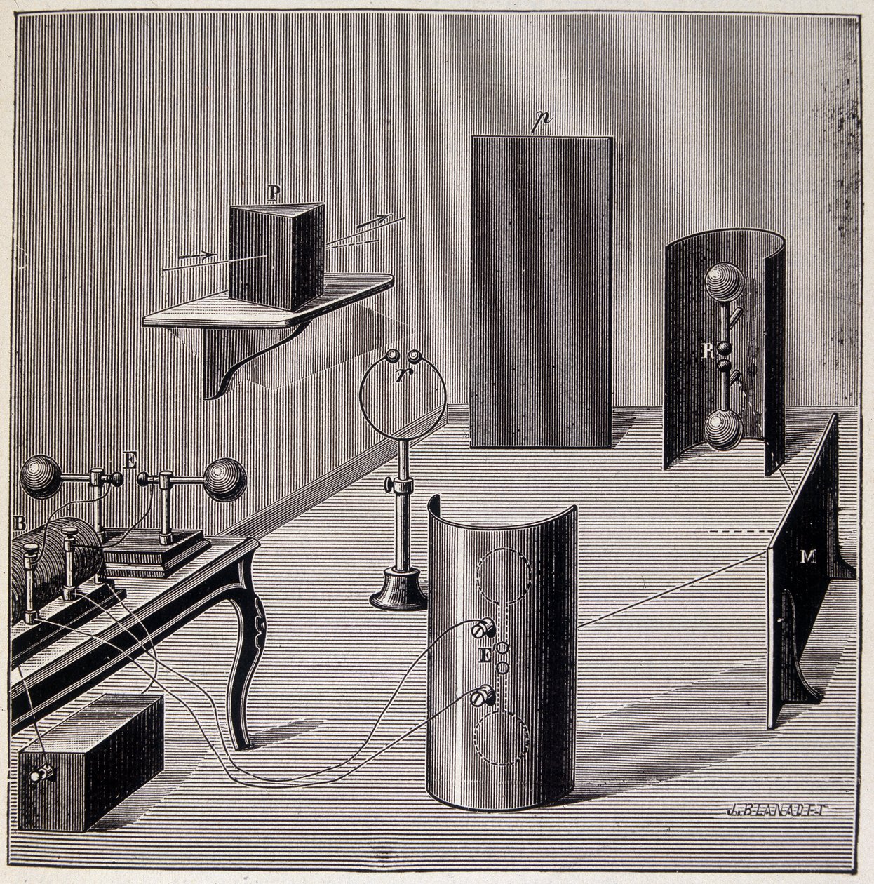 Ogólny układ eksperymentów Heinricha Hertza (1857-1894) na falach elektrycznych - w „” Physique populaire” Emile Desbeaux, Flammarion autorstwa Unknown artist