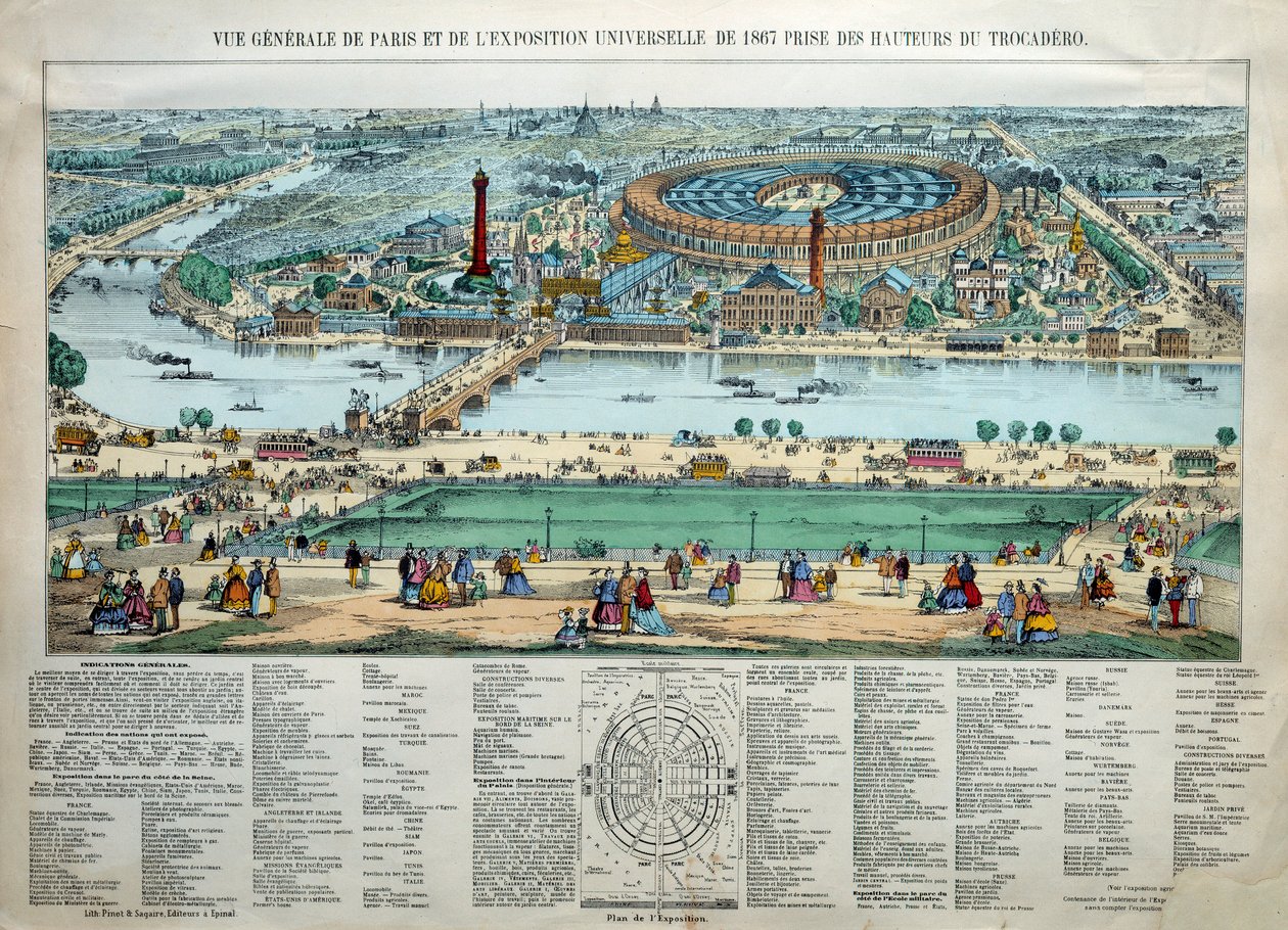 Ogólny widok Wystawy Światowej 1867 w Paryżu. Na dole: park szkoły wojskowej Champ de Mars. Grawerowanie Paryż, Musee Carnavalet autorstwa Unknown artist