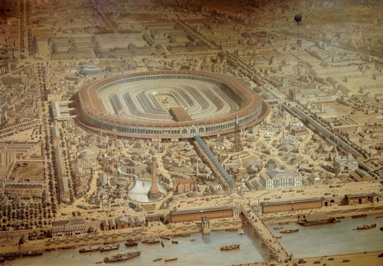 Ogólny widok Wystawy Światowej 1867 w Paryżu. W centrum szkoły wojskowej Champ de Mars. Grawerowanie Paryż, Musee Carnavalet autorstwa Unknown artist