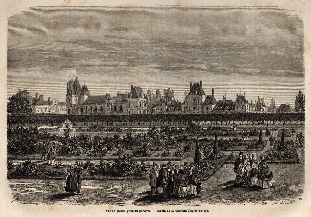 Widok ogólny pałacu i ogrodów Fontainebleau z posadzki. Rycina ilustrująca opis zamku i lasu Fontainebleau, w 1867 r., autorstwa M.Pays, w „Le tour du monde, nouveau journal des voyages”” wydanej pod tytułem dire autorstwa Unknown artist