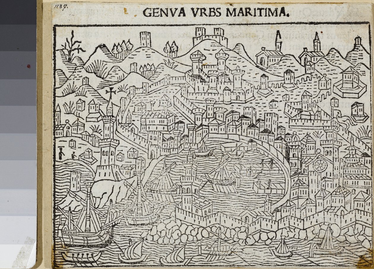 Genua, miasto morskie, z „Supplementum chronicarum”, Jacopo Filippo Foresti, Wenecja 1486 (drzeworyt) autorstwa Unknown artist