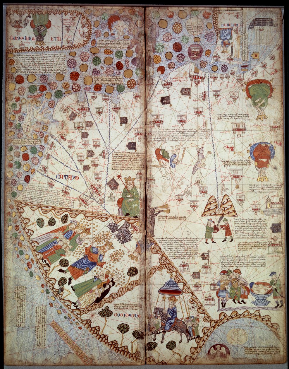 Mapa geograficzna: Chiny, Dolina Gangesu, Sumatra, Cejlan. Atlas kataloński (mapa katalońska) (Hiszpania). Rękopis z 1375 r. (Folio 2v - folio 3) autorstwa Abrahama Cresquesa. BN, Paryż autorstwa Unknown artist