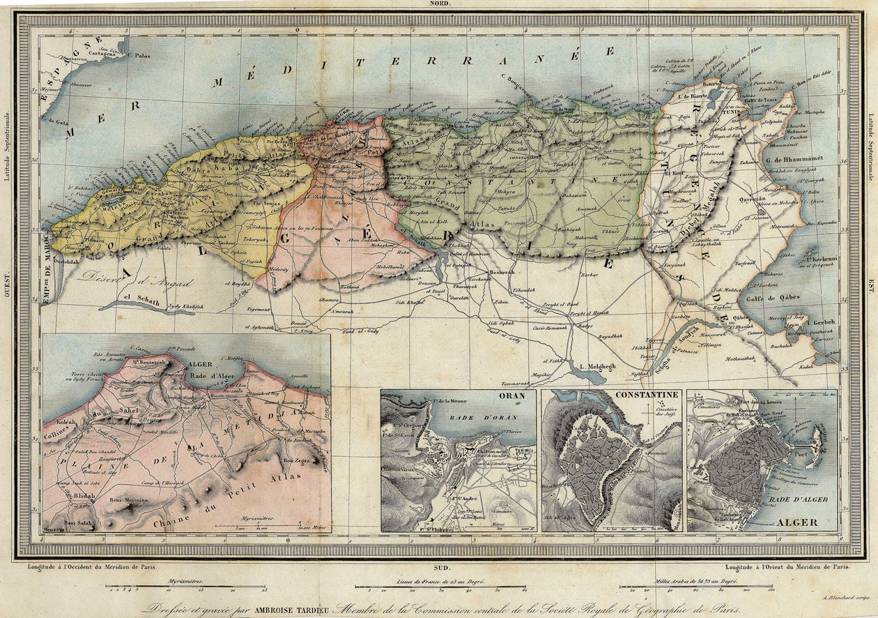 Mapa geograficzna Algierii ze szczegółami prowincji Algier, Oranu i Konstantyna, zrealizowana przez Amboise Tardieu autorstwa Unknown artist