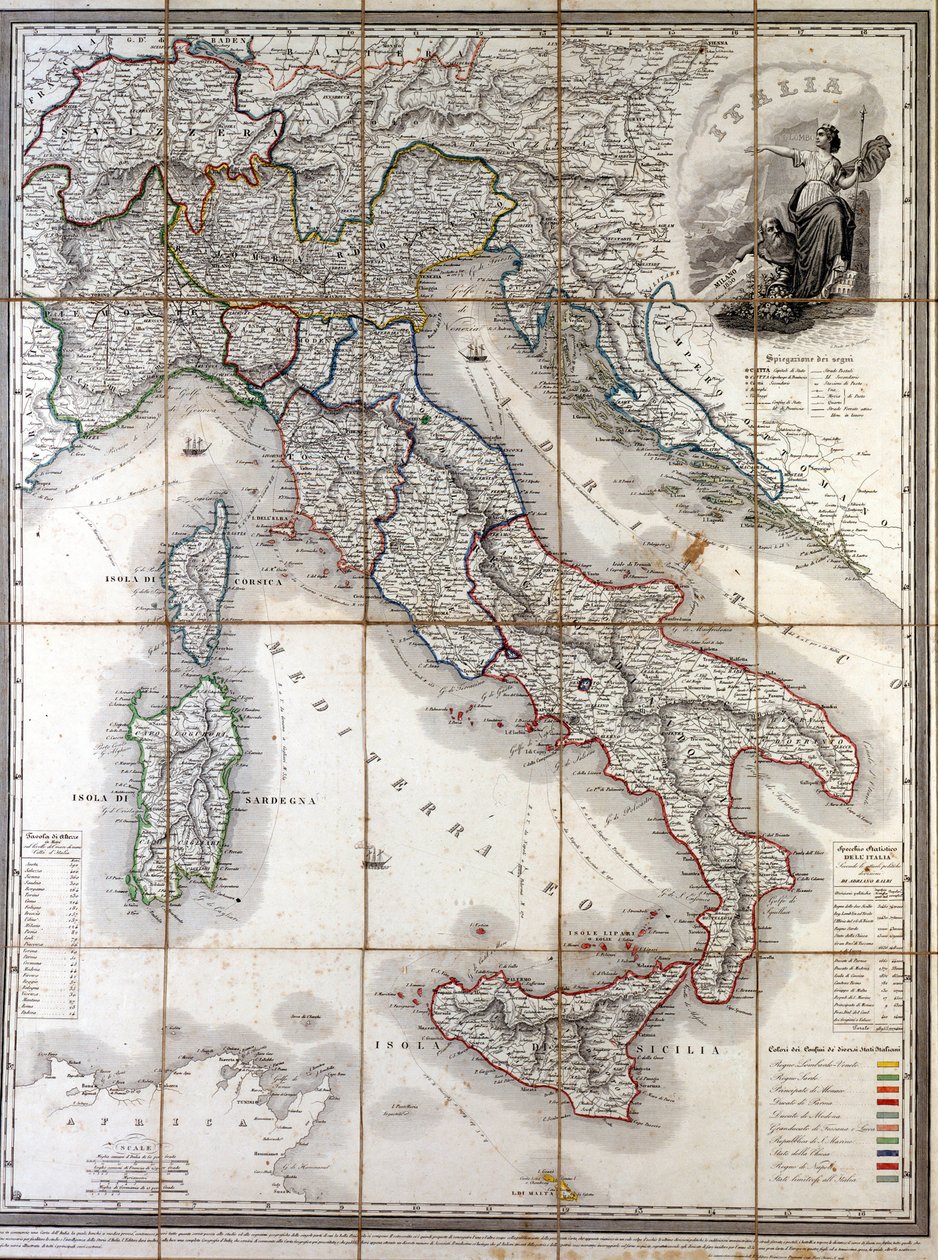 Mapa geograficzna Włoch z 1850 roku z wytyczeniem granic poszczególnych państw, które tworzyły kraj przed Risorgimento. autorstwa Unknown artist