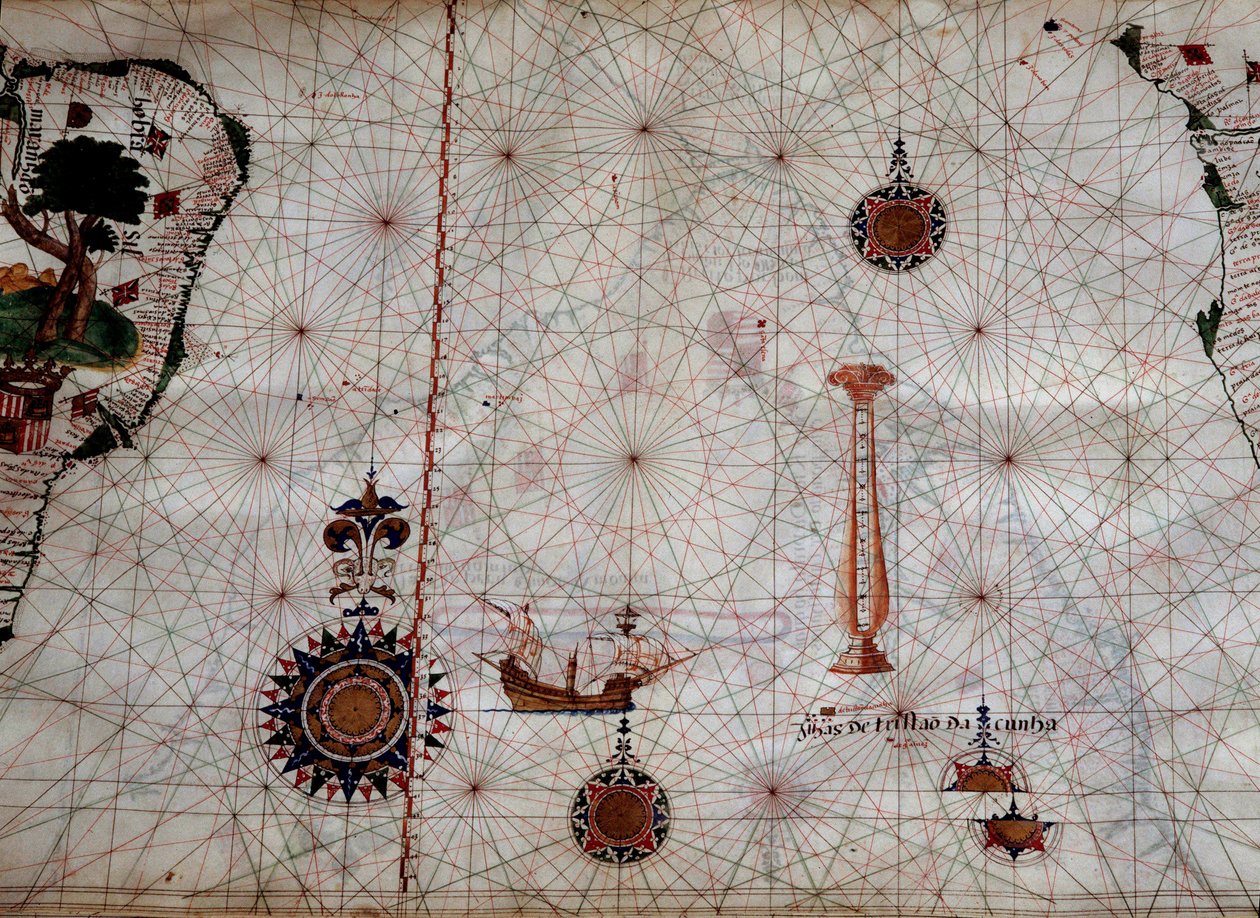 Geografia: szczegół mapy nawigacyjnej Luisa Lazare (XVI wiek) przedstawiającej wyspy archipelagu Tristan da Cunha (lub Tristan d
