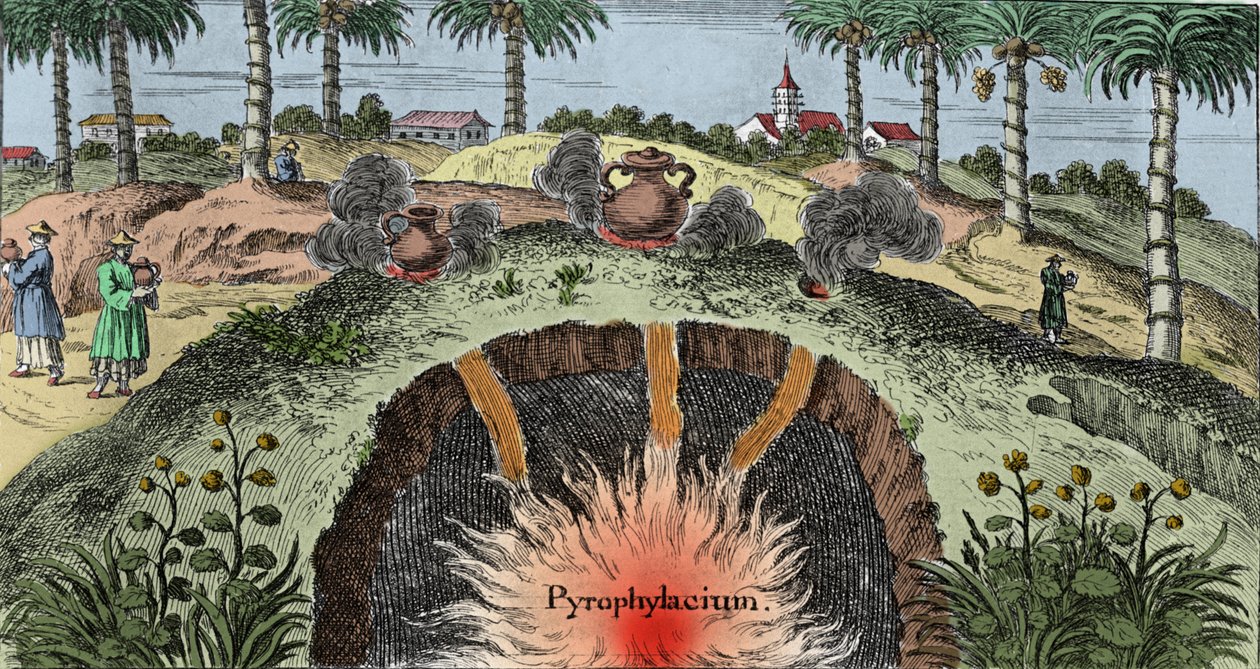 Geologia: przecinanie kory ziemi wyjaśniającej wyjście ognia z ziemi. Grawer z „Mundi Mirabilis Oeconomia”” Johanna Zahna (1631-1707) autorstwa Unknown artist