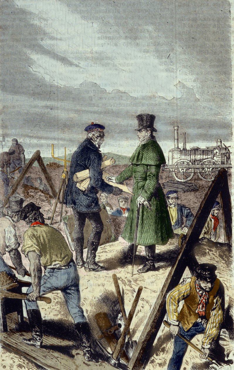 Georges Stephenson (1781-1848), angielski inżynier, budowniczy Liverpool Manchester Road ze swoją pierwszą lokomotywą. autorstwa Unknown artist
