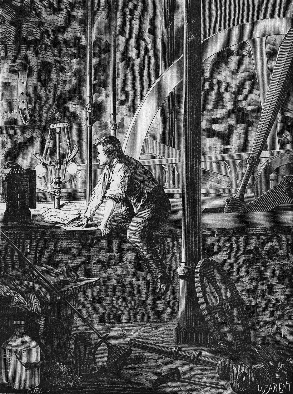 Georges Stephenson, pracownik kierowcy w Newcastle, demontuje i naprawia swój silnik parowy. W „Albumie nauki””, Éditions Jouvet autorstwa Unknown artist