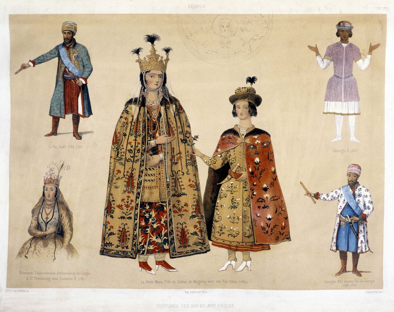 Tablica kostiumów gruzińskich w XVI i XVII wieku: król Irakli (1744 - 1798), Gheorghi X (1687), księżniczka Chartchevadze (ambasador Gruzji w Petersburgu pod rządami Katarzyny II 1780), królowa Maria (córka Dadiana z Mingrelii z nią syn Otthia 1 autorstwa Unknown artist