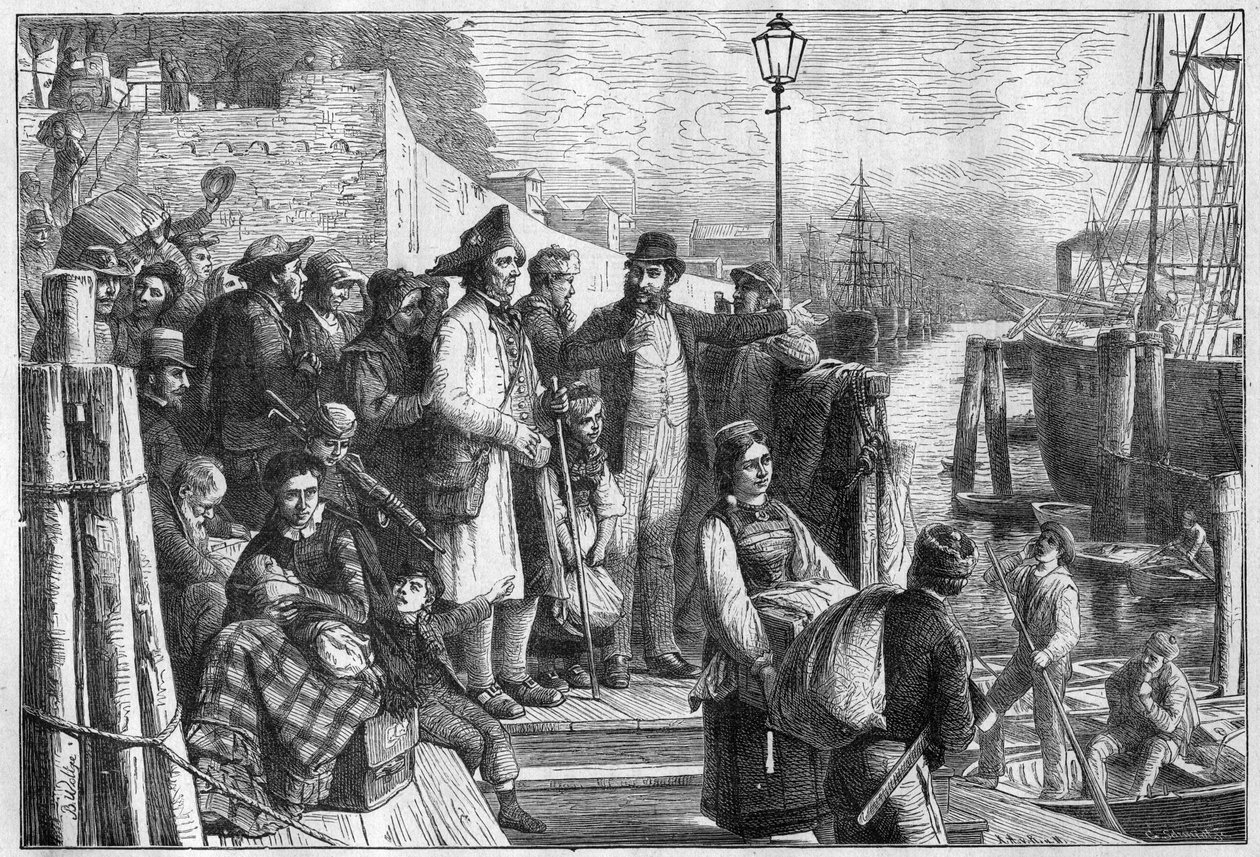 Niemieccy emigranci do Nowego Jorku wsiadający na parowiec Hamburg w 1874, rycina - (Deutsche Emigranten) autorstwa Unknown artist