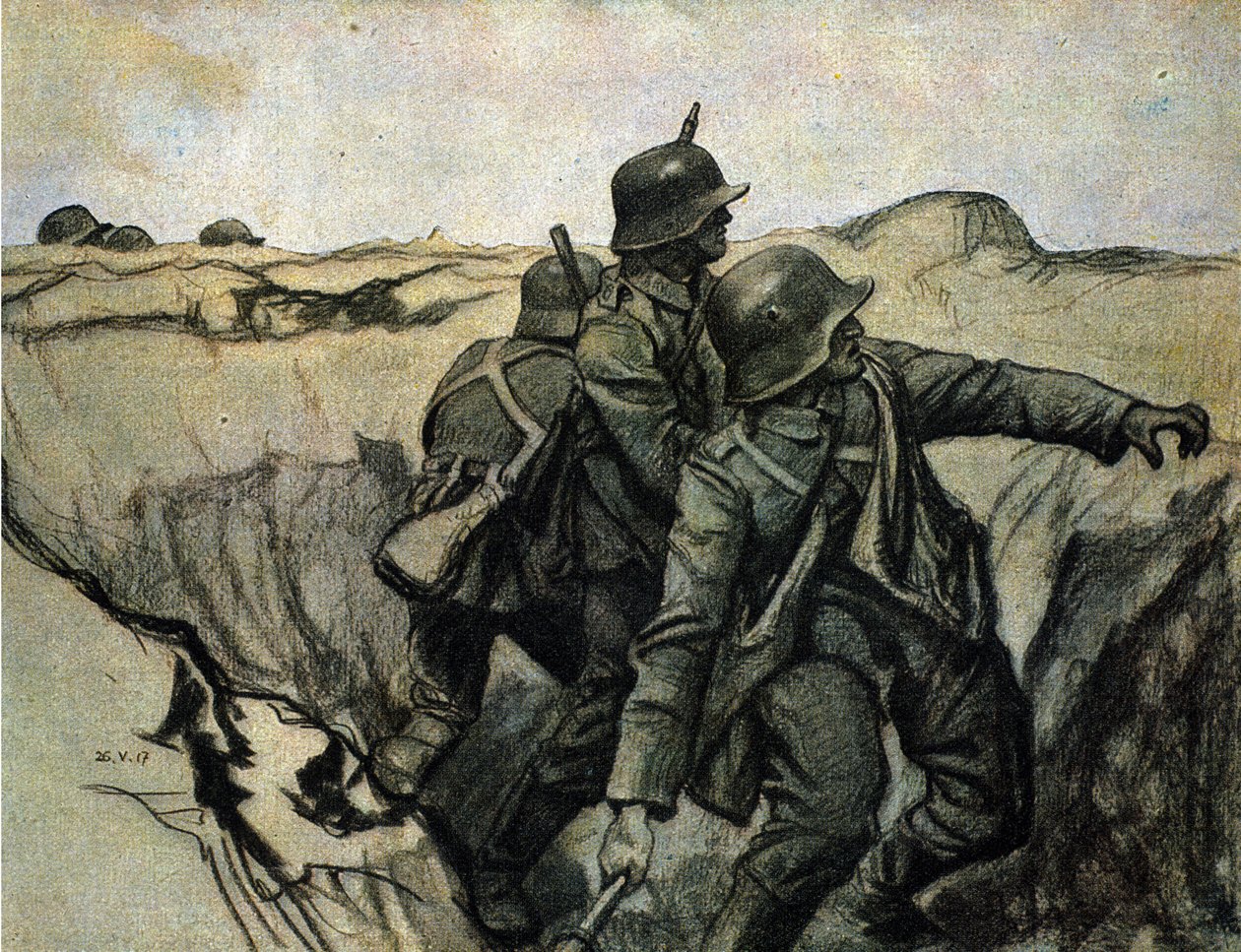 Niemieccy żołnierze rzucający granaty z okopów w kierunku wrogich oddziałów. 26/5/1917. autorstwa Unknown Artist
