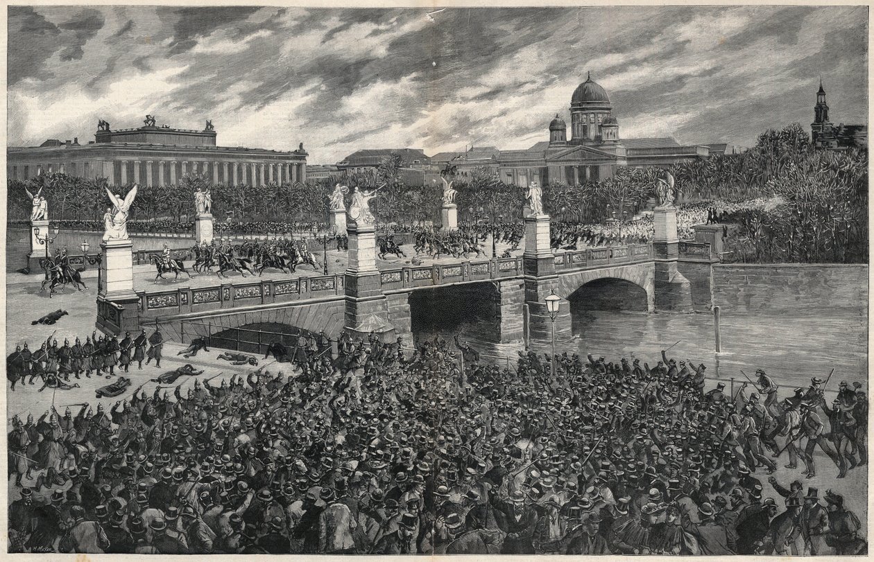 Niemieccy robotnicy, buntujący się w Berlinie, są usuwani przez policję, aby umożliwić przejazd cesarzowi Wilhelmowi autorstwa Unknown artist
