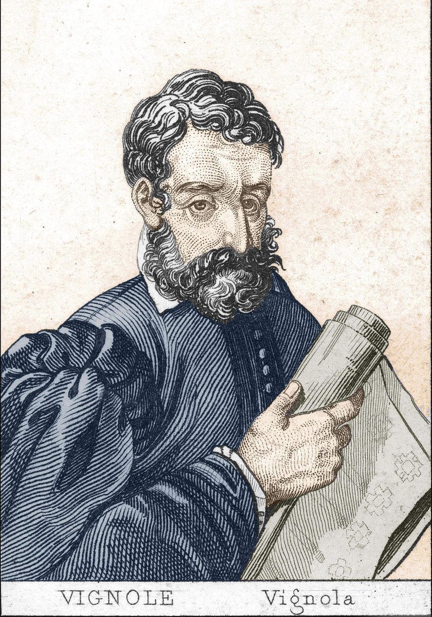 Giacomo Barozzi, jako Vignola, po francusku Le Vignole, trzymający plan. autorstwa Unknown artist