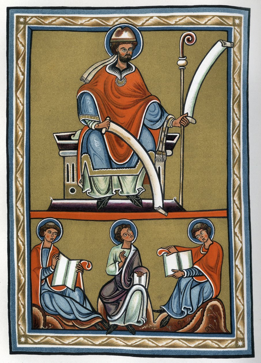Gilbert de la Porree (Porretanus, teolog scholastyczny) i jego uczniowie, Jourdain Fantosme, Yves de Chartres i Jean Beleth. Faksymile z XIX wieku miniatury z XII wieku w „Komentarzu do Trinitate de Boece” (Boezio). Prywatna kolekcja autorstwa Unknown artist