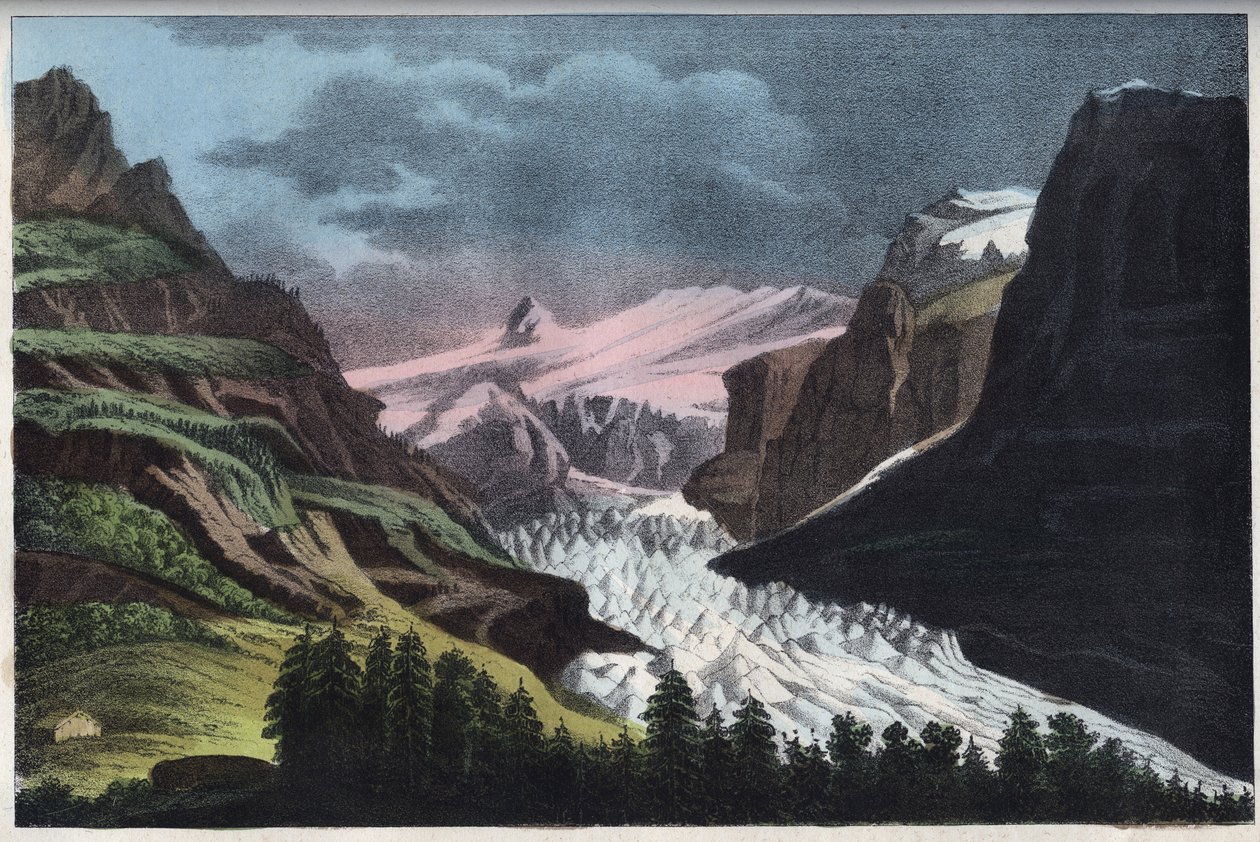 Lodowiec Grindelwald w Szwajcarii - Szwajcaria, Lodowiec Grindelwald w XIX wieku - rycina z „Zwyczajów i Tradycji Wszystkich Ludów Wszechświata”. To jest historia rządu, praw, milicji, religii wszystkich narodów z… autorstwa Unknown artist