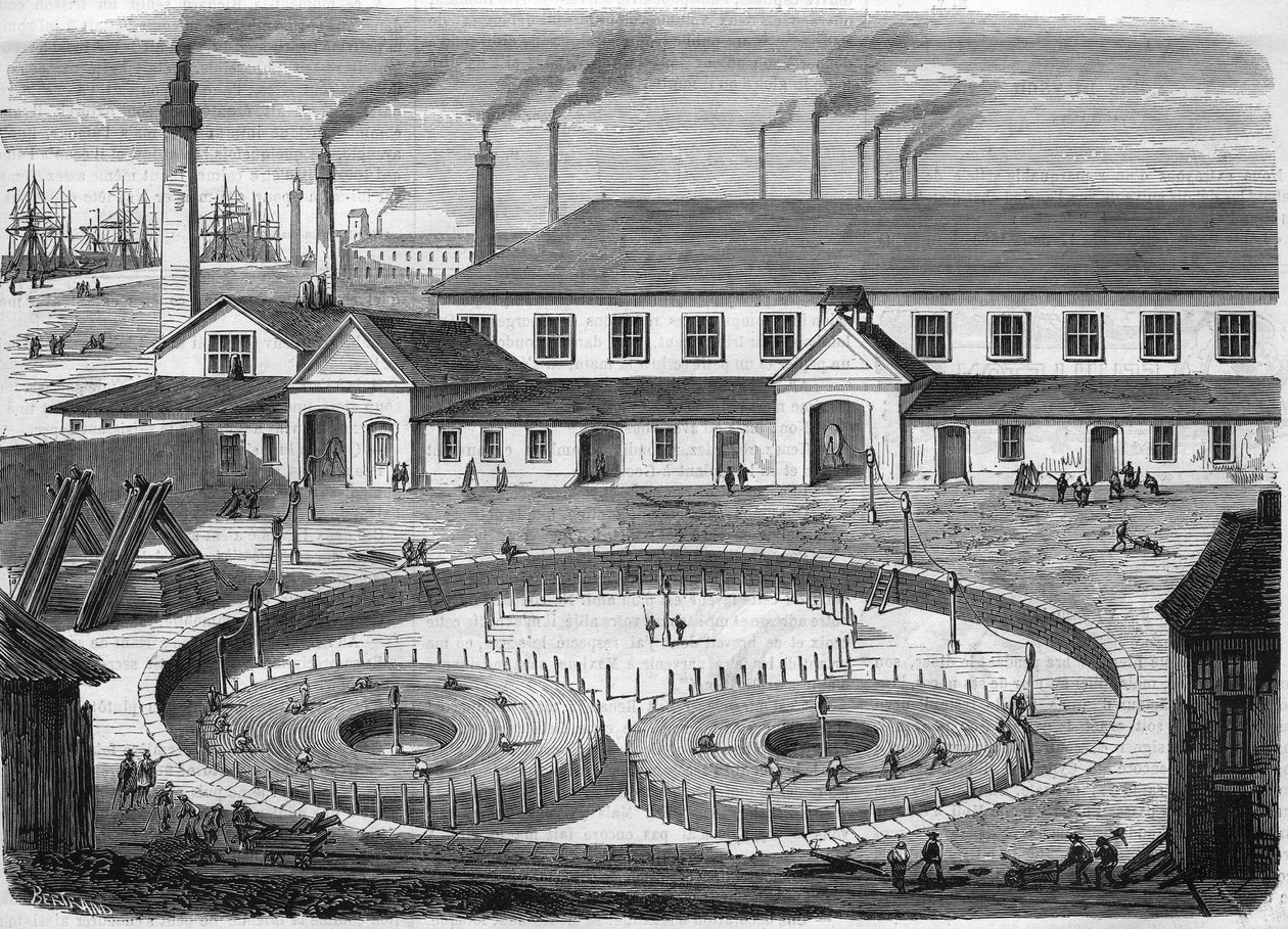 Fabryka kabli elektrycznych Glass Eiliot w Greenwich. Nawijanie kabla w basenach przed transportem na statku „”Lewiatan””. Grawerowanie z 1865 roku. autorstwa Unknown artist