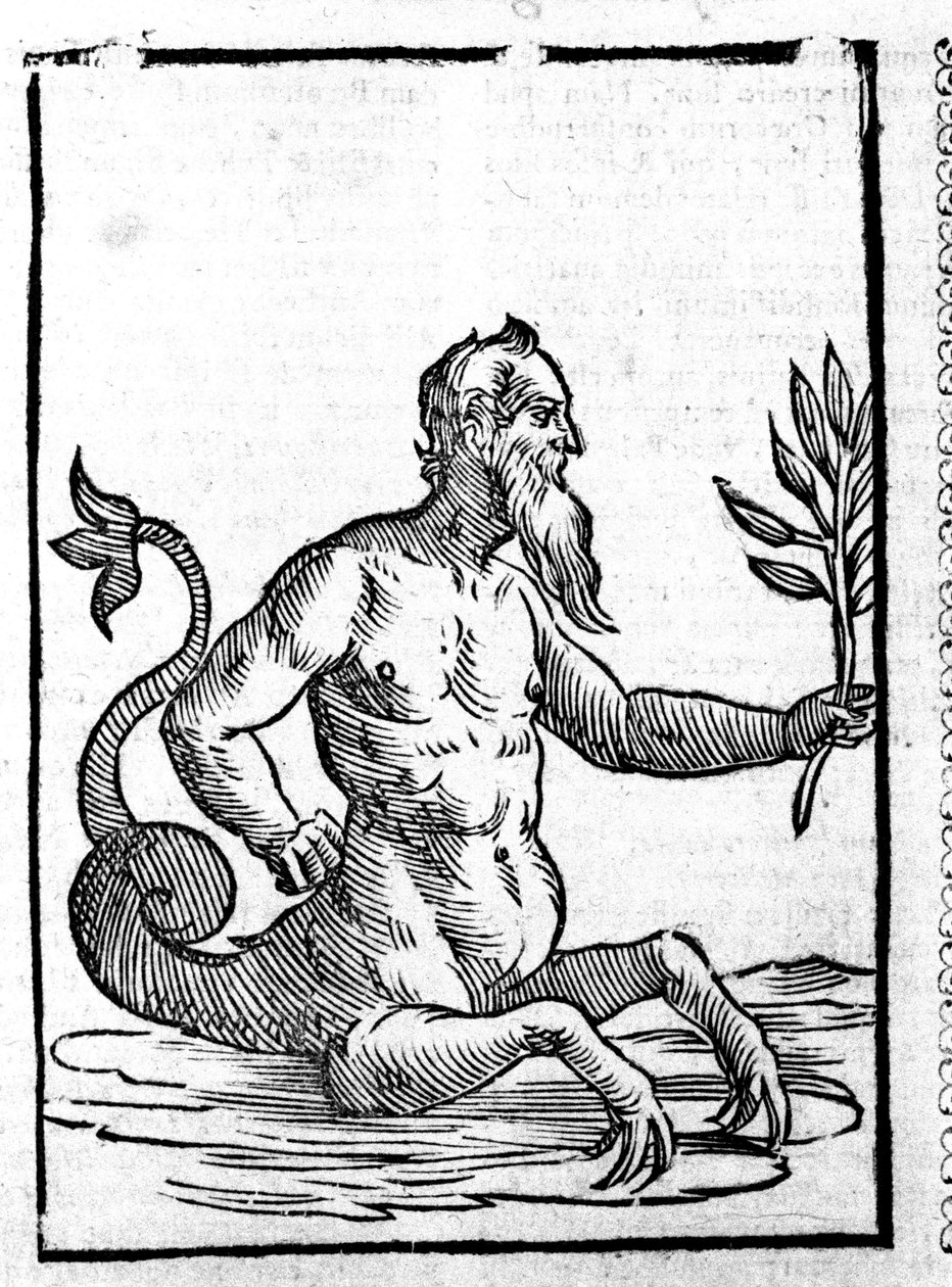 Glaucos z magiczną trawą, która pozwoli mu żyć w morzu - w Mythologiae sive explainum faablerum de Natalis Comitis. Patawia autorstwa Unknown artist