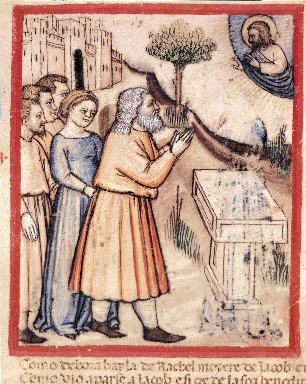 Bóg ukazuje się Jakubowi po zbudowaniu miniaturowego ołtarza z kodeksu 212 (lub kodeksu Padovano lub Biblii z Padwy) 1390-1400 Rovigo, Accademia dei Concordi autorstwa Unknown artist