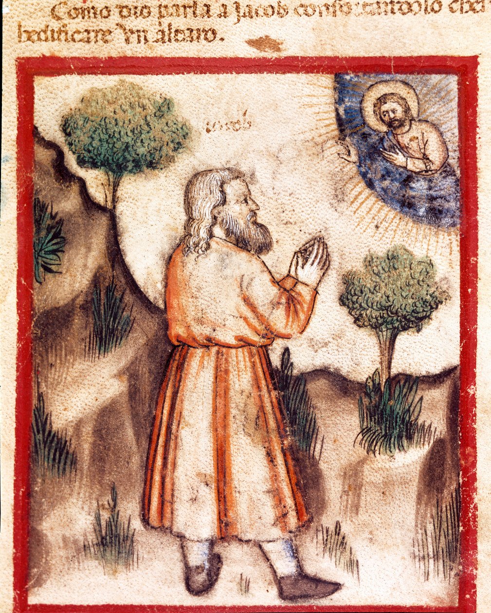 Bóg prosi Jakuba, aby poszedł do Betel i zbudował miniaturowy ołtarz z kodeksu 212 (lub kodeksu padovano lub Biblii z Padwy) 1390-1400 Rovigo, Accademia dei Concordi autorstwa Unknown artist