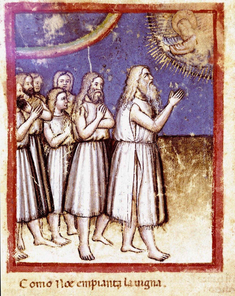 Bóg pobłogosławił Noego i jego rodzinę ocalałych z Miniatury Potopu z kodeksu 212 (lub kodeksu padovano lub Biblii z Padwy) 1390-1400 Rovigo, Accademia dei Concordi autorstwa Unknown artist