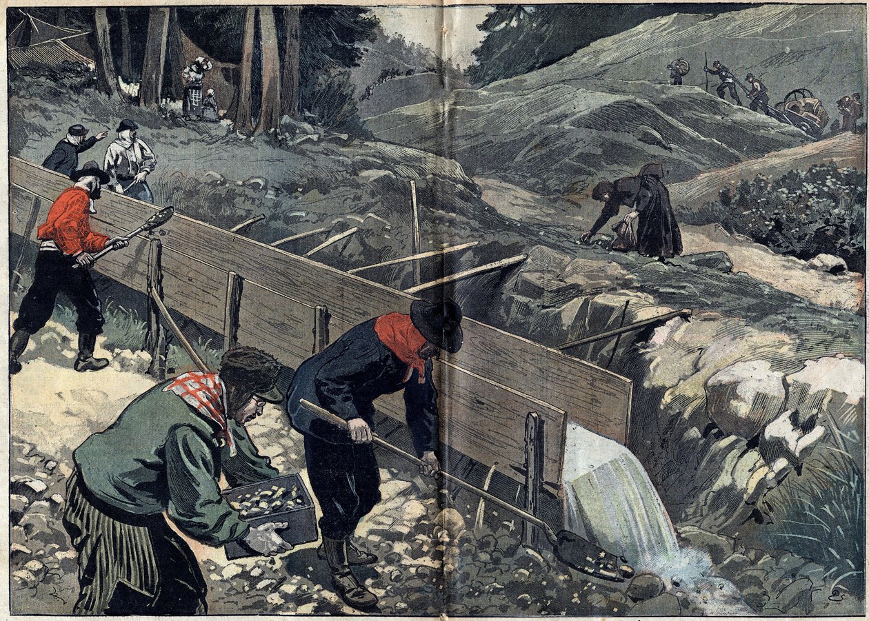 Gorączka złota na Alasce: Poszukiwacze złota myją złote błoto. Kobieta podnosi pepites, a do obozu przybywają nowi poszukiwacze złota. Ilustracja w „Le Pelerin” z 20 lutego autorstwa Unknown artist