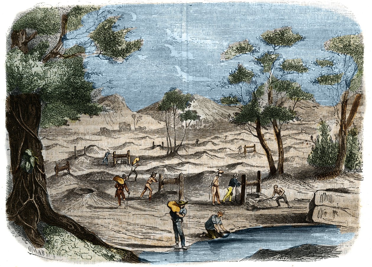 Gorączka złota w Australii: widok poszukiwaczy złota na polach miasta Bendigo. Grawer z 1856 r. w „Le Musee Des Sciences”” autorstwa Unknown artist