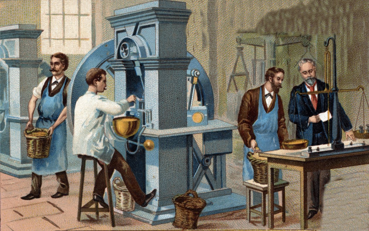 Wydobywanie złota. Warsztaty bicia i weryfikacji monet. Chromolitografia z końca XIX wieku. autorstwa Unknown artist