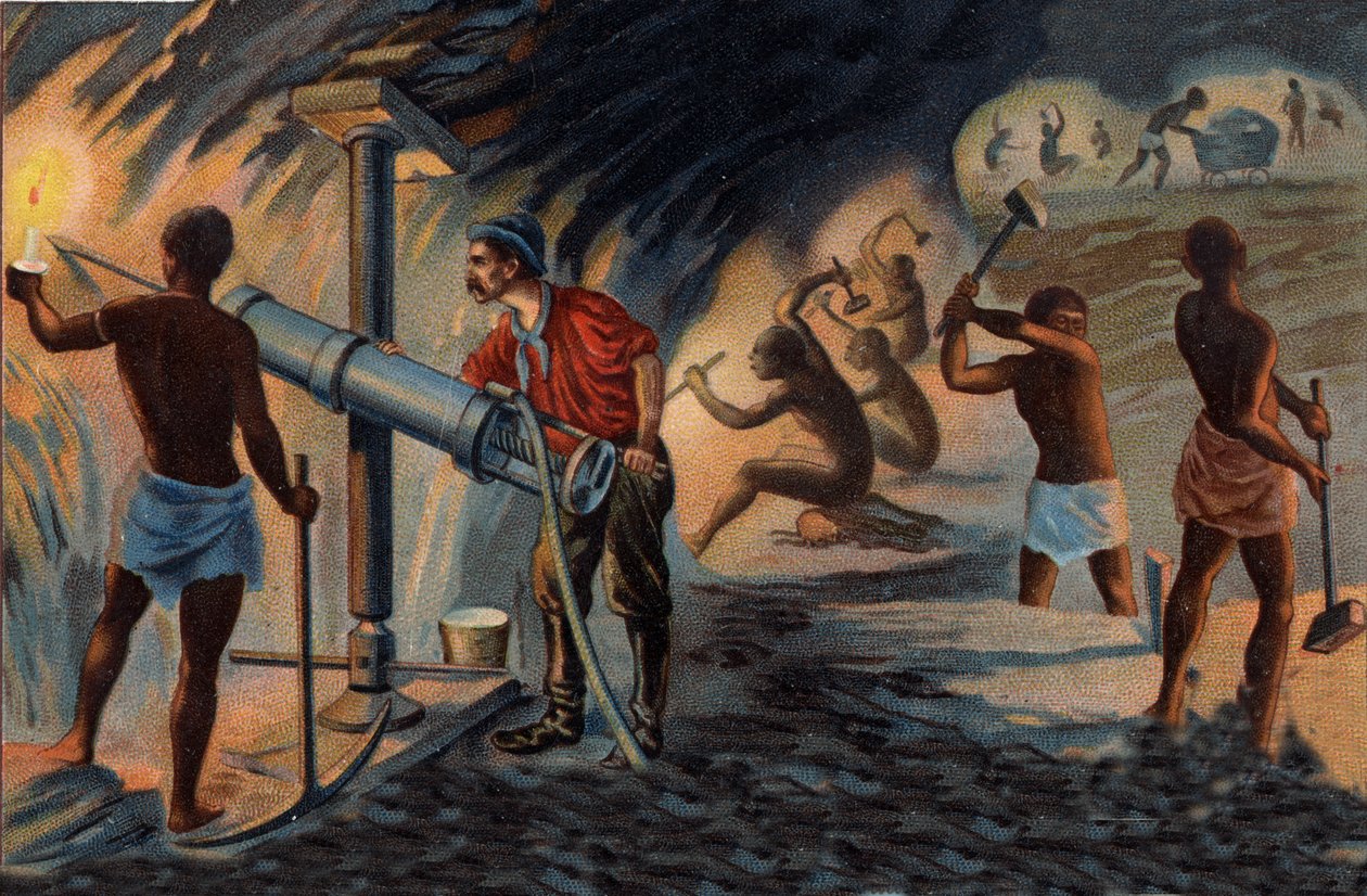 Wydobycie złota: w kopalni w Transwalu. Górnik za pomocą wiertła działającego na sprężone powietrze. Chromolitografia z końca XIX wieku. autorstwa Unknown artist
