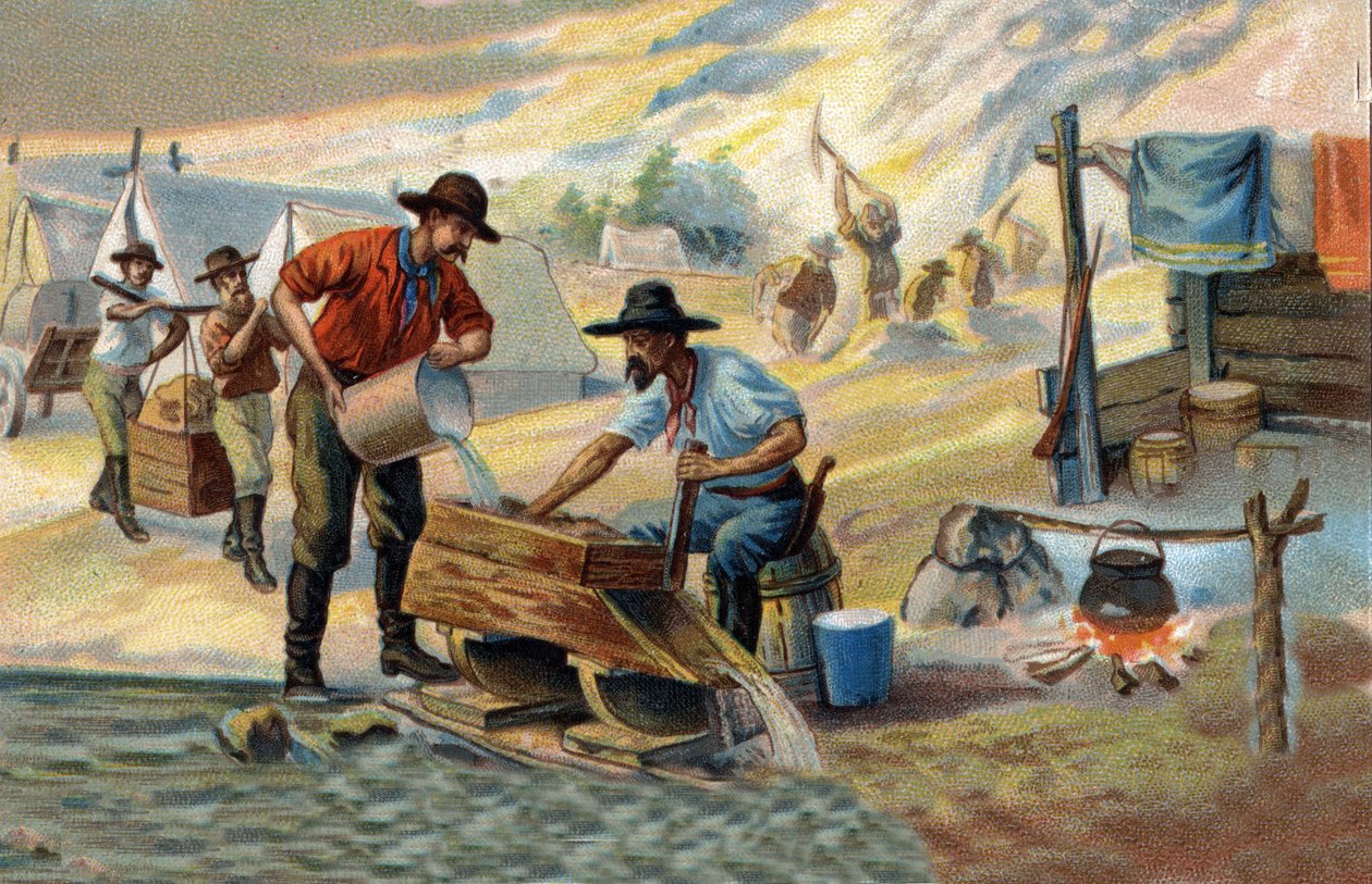 Poszukiwacz złota: metoda płukania rodzimego złota oddzielonego od kamieni i piasku. Chromolitografia z końca XIX wieku. autorstwa Unknown artist