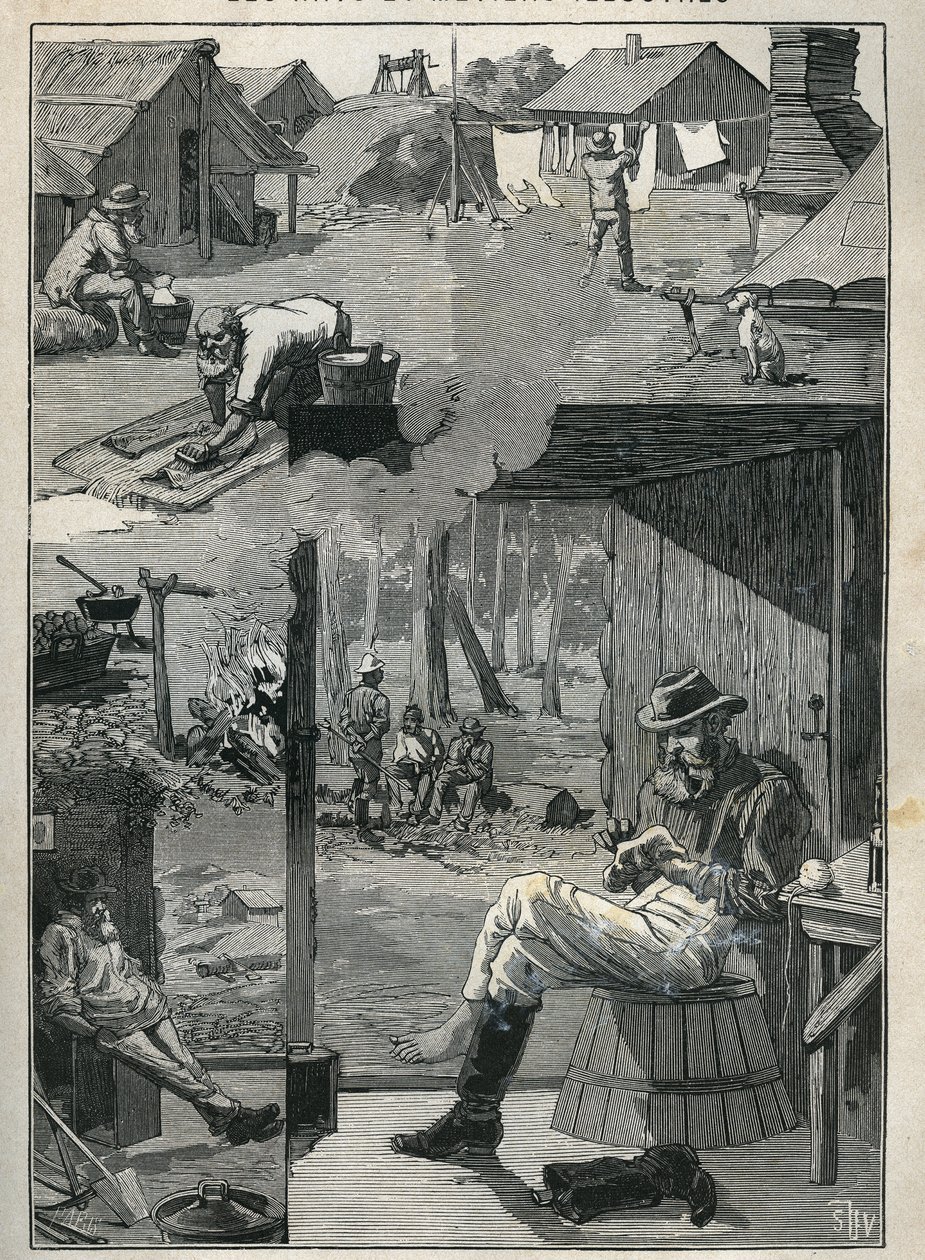 Poszukiwacze złota w Australii: plama codziennego życia górników podczas dni odpoczynku (czyszczenie i suszenie bielizny, skarpet itp.). Grawer z 1885 roku w „Les arts et metiers illustres” Adolphe BITARD. autorstwa Unknown artist