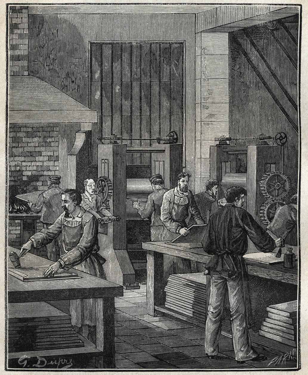Złotnik: przygotowanie płyty, przygotowanie metalu do wykonania specjalnego srebra. Grawer z 1885 roku w „Les arts et metiers illustres” Adolphe BITARD. autorstwa Unknown artist
