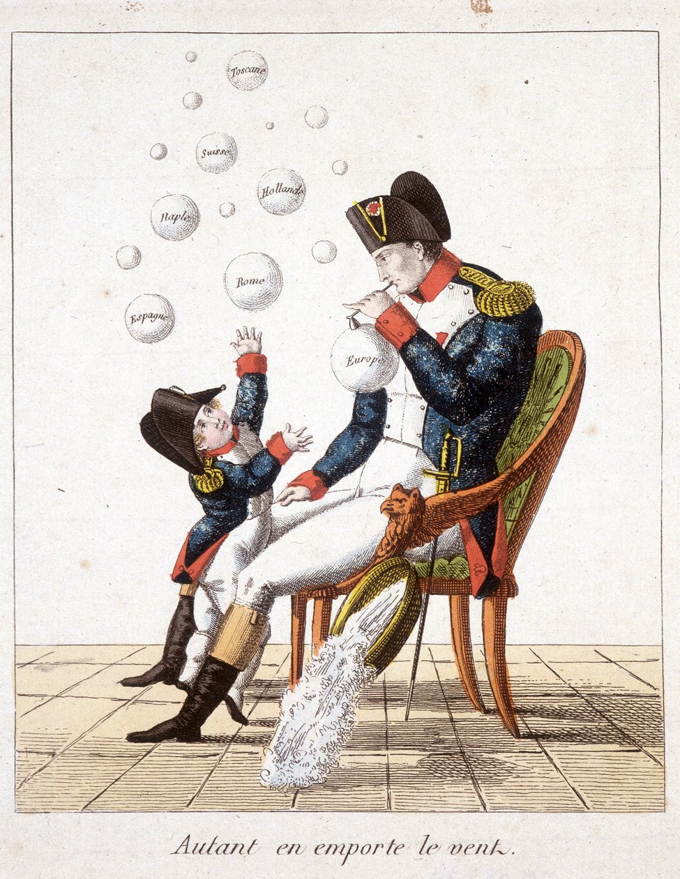 Przeminęło z wiatrem: Napoleon robi bańki mydlane z Toskanii, Szwajcarii, Holandii, Neapolu, Rzymu, Hiszpanii i Europy - w „”Napoleon I, karykatury, kolekcja manekinów””, ok. 1900. 1814 autorstwa Unknown artist