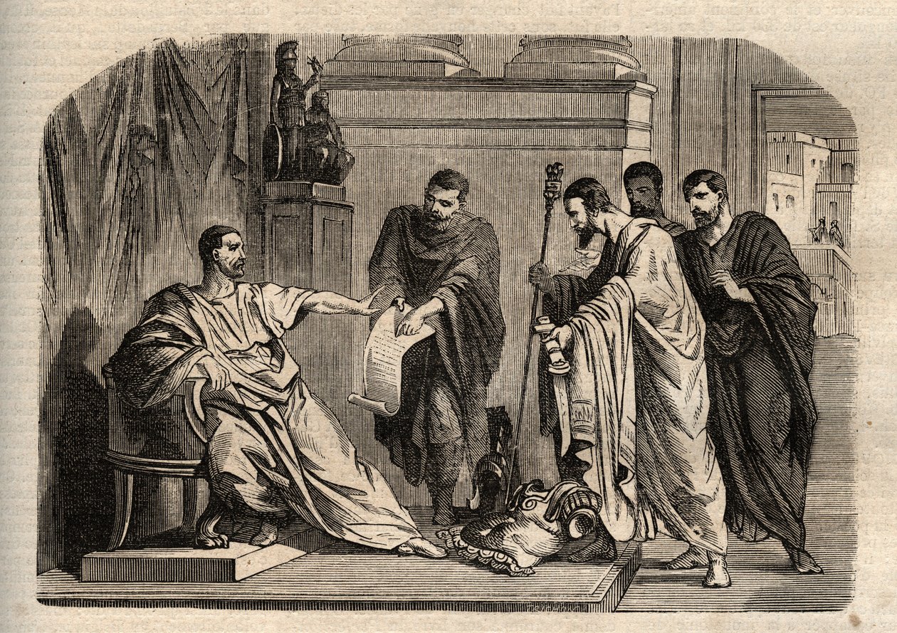 Gordian I (158-238) odmawiający godności cesarskiej - Gordian I (Marcus Antonius Gordianus Sempronianus Romanus Romanus Africanus) odmawiający godności cesarskiej - rycina w "Dictionnaire populaire illustrious" - 1864 - Joseph Decembre i Edmond Allonier - autorstwa Unknown artist