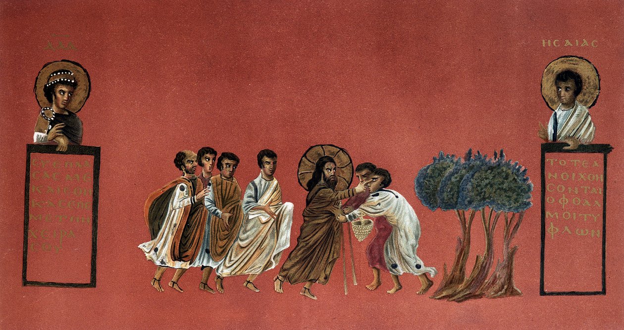 Ewangelia św. Mateusza - Cud Jezusa walczącego z dwojgiem niewidomych z Jerycha, rycina XIX wiek według greckiego rękopisu. autorstwa Unknown artist
