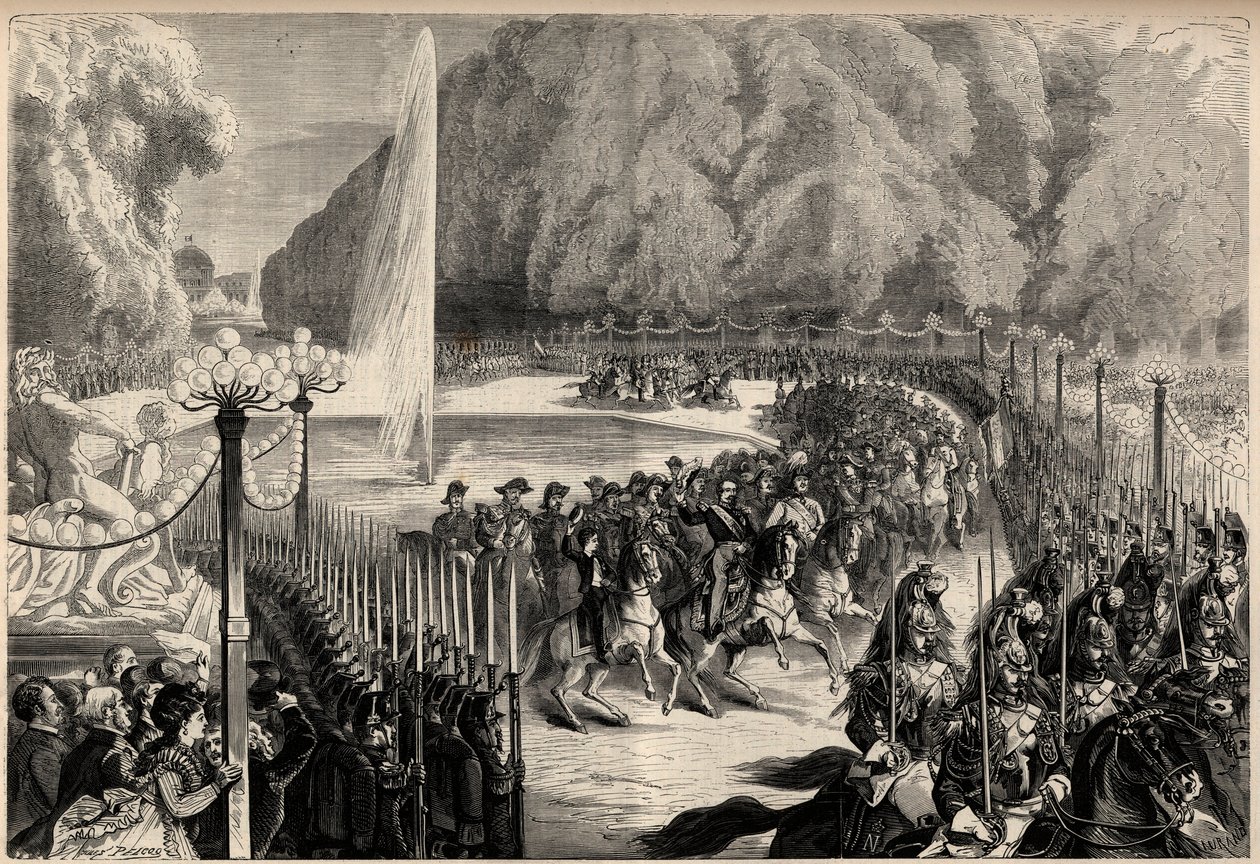 Wielkie czasopismo z 14 sierpnia: Cesarz Napoleon III (1808-1873), a za nim jego sztab przemierza Ogrody Tuileries w Paryżu. Jego syn, książę cesarski Eugeniusz Ludwik Józef (1856-1879), stoi po jego prawej stronie. Grawer w „Prześwietnym Wszechświecie” autorstwa Unknown artist