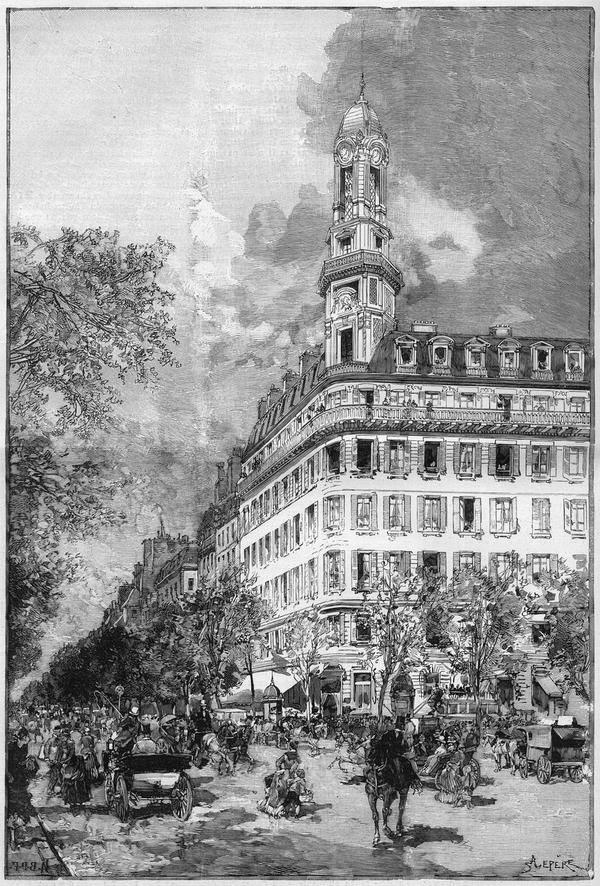 Wielkie bulwary i budynki Haussmanna w Paryżu: Hotel de la Compagnie "La New York" bulwar des Italiens. Grawerowanie w ""Wspaniałym Świecie"" autorstwa Unknown artist