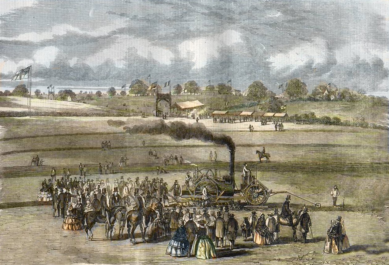 Wielka Brytania: Rolnictwo, orka. Pług parowy Boydella koło Louth w 1854 r. (orka parowa z silnikiem Boydella koło Louth). autorstwa Unknown artist