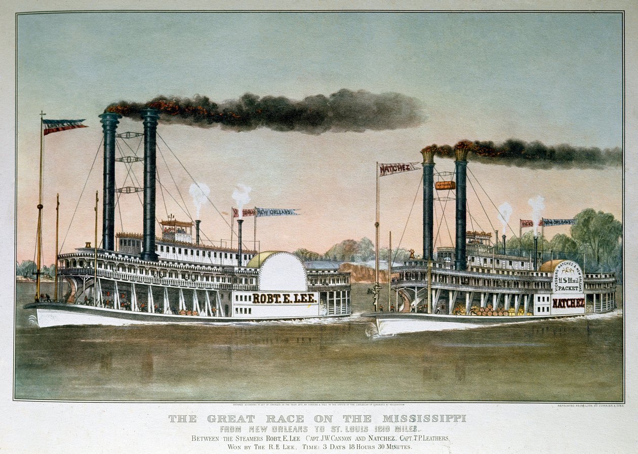 Wielki wyścig parowców na rzece Mississippi, od Nowego Orleanu do Saint Louis (druk z XIX wieku) autorstwa Unknown artist