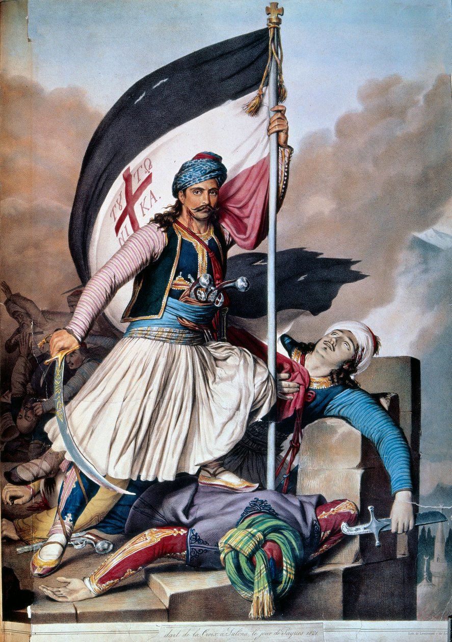 Grecka wojna o niepodległość przeciwko Imperium Osmańskiemu: sztandar wznosi się do Salony przez Nickolaki Mitropolos po powstaniu 25.03.1821. Litografia z 1821 r. Paryż, Sztuka dekoracyjna autorstwa Unknown artist