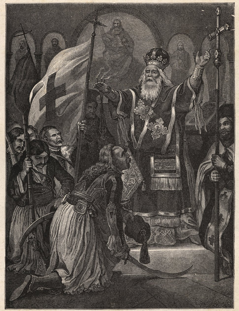 Grecka wojna o niepodległość 1821 - 1829: biskup Germanos (Germain) III ze Starego Patras (Georgios Gotzias) błogosławiący flagę walki o wolność, klasztor Agia Lavra (Sainte Laure du Peloponez), 21 marca 1821 - rycina po malowaniu autorstwa Unknown artist