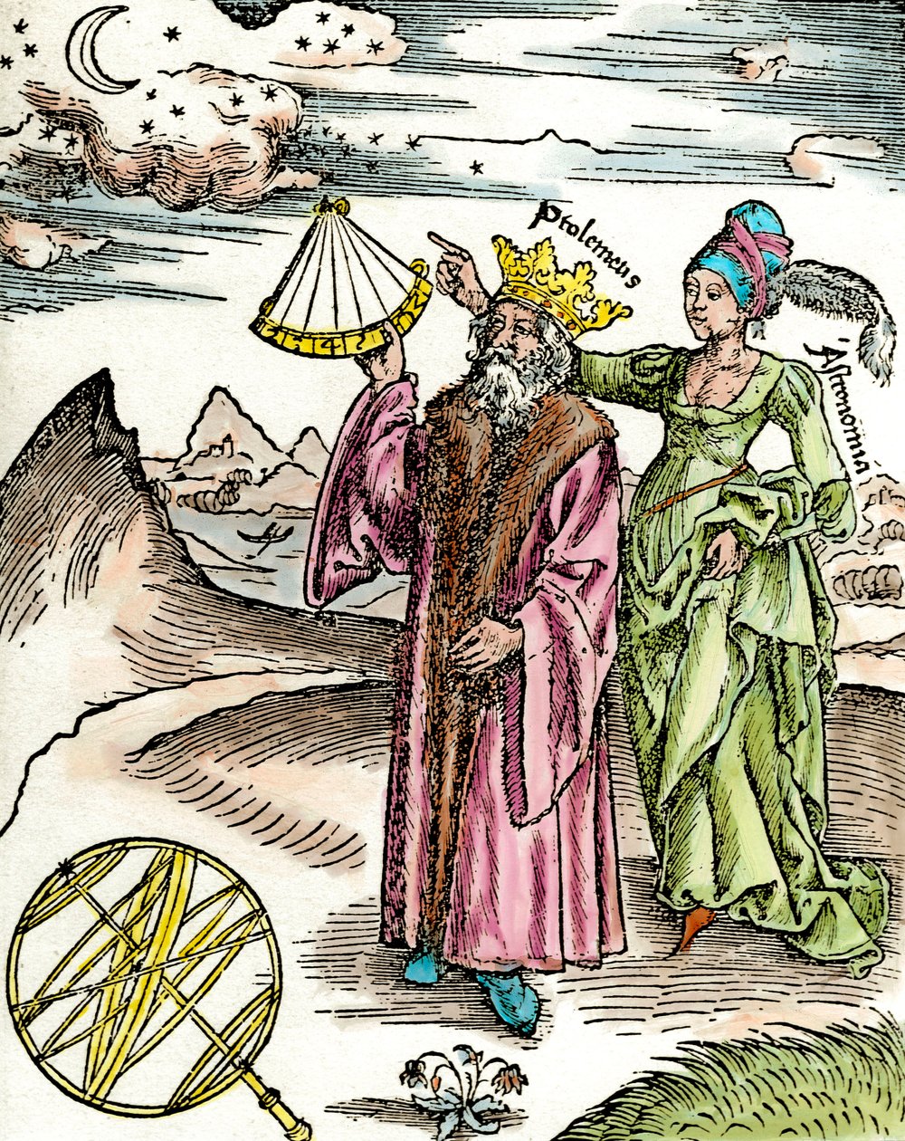 Grecki astronom Claude Ptolemee (Claudius Ptolemaeus) (około 90-około 168 AD) używając sekstantu i astronomii. Grawer z 1503. Kolekcja prywatna autorstwa Unknown artist